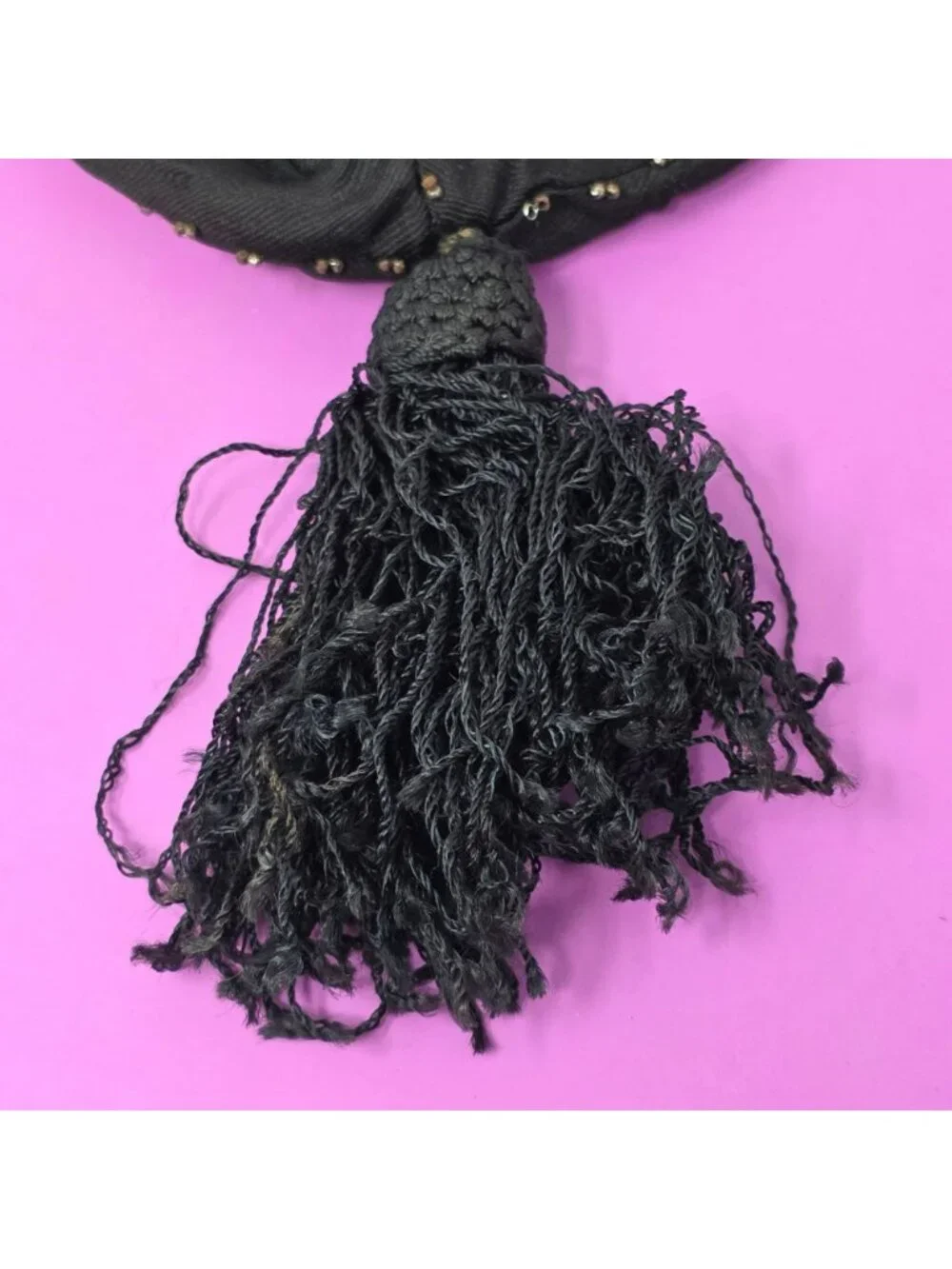 Antique Black Drawstring Beaded Purse Tassel & Rhinestone Detailing  Vintage Bag